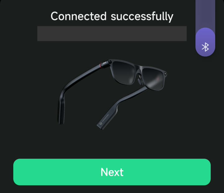 Connected successfully screen with Next button