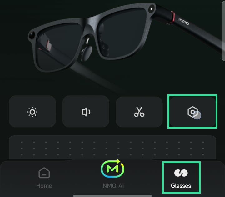 INMO Global Glasses tab, with the Glasses tab at bottom right and the settings button highlighted