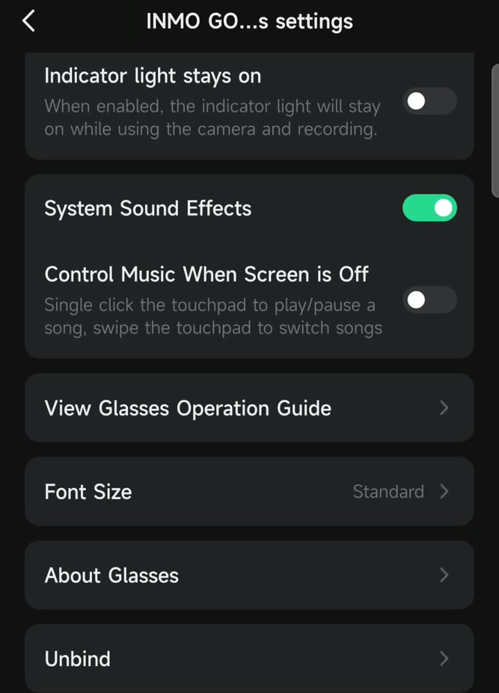 INMO Global glasses settings list ending in Unbind